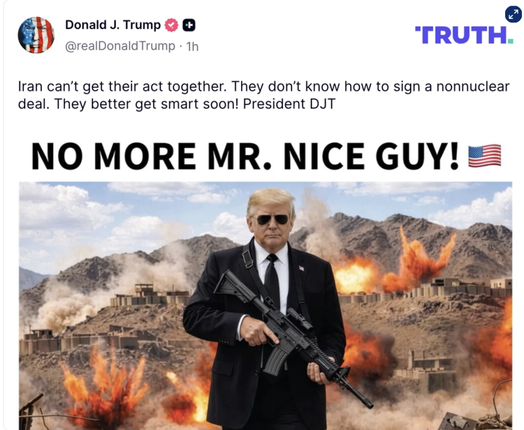Trump threatens Iran with AI picture of himself with a gun: ‘No more Mr. Nice guy!’